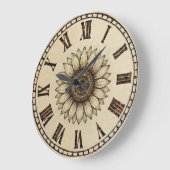 Grande Horloge Ronde Sunflower Wood Burned Wall Clock (Angle)