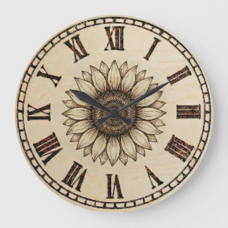 Grande Horloge Ronde Sunflower Wood Burned Wall Clock