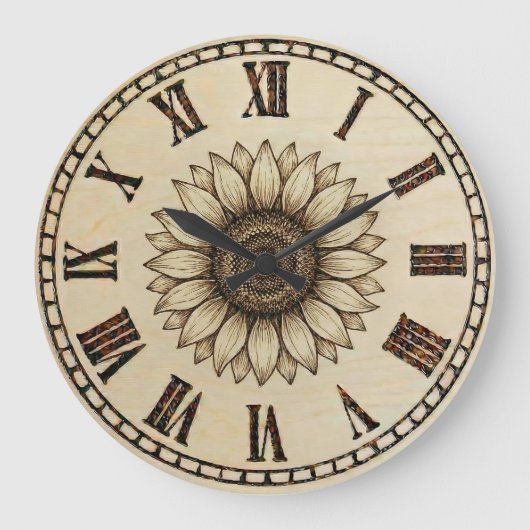 Grande Horloge Ronde Sunflower Wood Burned Wall Clock (Recto)