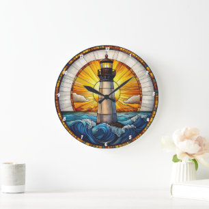 Grande Horloge Ronde Sunny Lighthouse Vagues de verre tendu