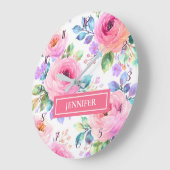 Grande Horloge Ronde Sunrise Floral Boho Custom Name Design             (Angle)
