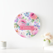 Grande Horloge Ronde Sunrise Floral Boho Custom Name Design             (Maison)