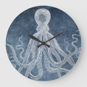 Grande Horloge Ronde Surface d'aquarelle octopus bleu crépusculaire vi