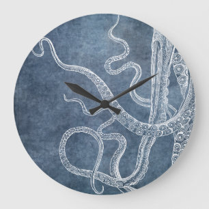 Grande Horloge Ronde Surface d'aquarelle octopus bleu crépusculaire vin