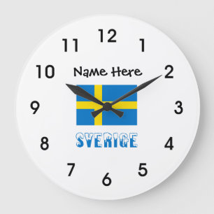 Grande Horloge Ronde Sverige et Drapeau Suédois avec Votre Nom Large Cl