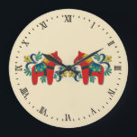 Grande Horloge Ronde Swedish Dala Horse<br><div class="desc">Tradition Scandinavian folk art style decorative dala horses (dala as) with rosemaling scrolls in shades of red and blue on golden yellow.</div>