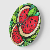 Grande Horloge Ronde Sweet Summer Slice" - Mur de pastèque (Angle)
