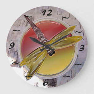 Grande Horloge Ronde Symbole de libellule sur l'écorce de bouleau