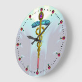Grande Horloge Ronde Symbole médical CADUCÉE en OR Lumière sarcelle Aqu (Angle)