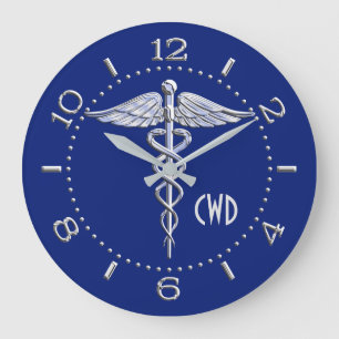 Grande Horloge Ronde Symbole Médicale Monogramme Caduceus sur bleu