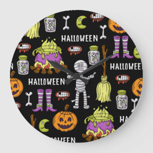 Grande Horloge Ronde Symboles d'Halloween, thème vintage sans couture