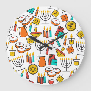 Grande Horloge Ronde Symboles Hanoukka : Motif de Fête Juif.