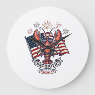 Grande Horloge Ronde T-Shirt_1 Gravure Vintage Drapeau Homard Patriotiq