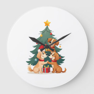 Grande Horloge Ronde T-Shirt Chien Arbre de Noël Mignon Drôle Chiens Ch