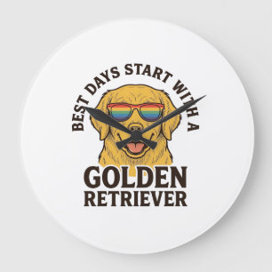 Grande Horloge Ronde T-shirt de Golden Retriever avec lunettes de solei