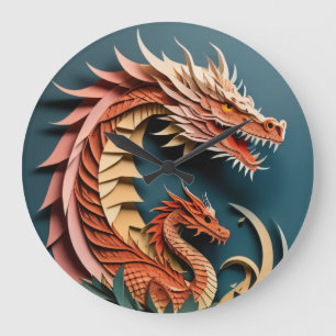 Grande Horloge Ronde T-shirt Dragon 3D Paper Art Design