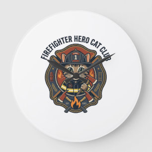 Grande Horloge Ronde T-shirt graphique chat héros pompier - Feu