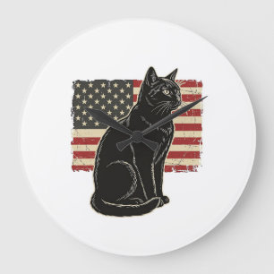 Grande Horloge Ronde T-Shirt Vintage Graphique Chat Patriotique Drapeau