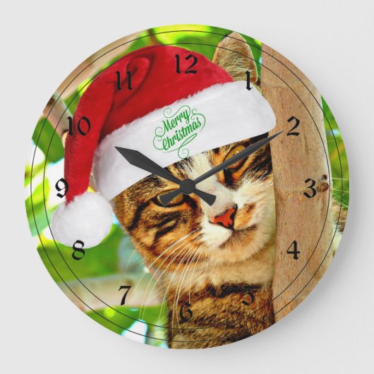 Grande Horloge Ronde Tabby de Noël dans un arbre (Recto)