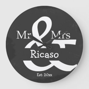 Grande Horloge Ronde Tableau noir personnalisé Mr et Mrs