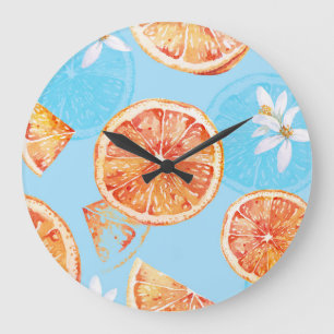 Grande Horloge Ronde Tangerines Aquarelle : Bleu Tissu Luxueux