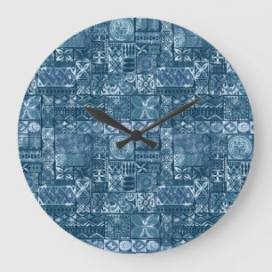 Grande Horloge Ronde Tapa bleu marine : tissu tribal Abstrait