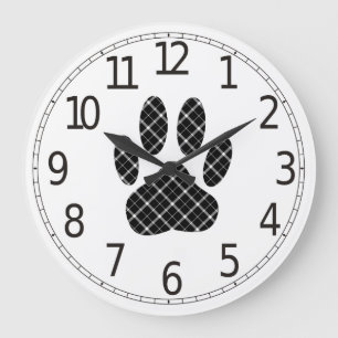 Grande Horloge Ronde Tartan noir et blanc empreinte de patte
