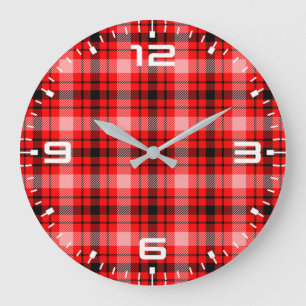 Grande Horloge Ronde Tartan noir rouge À damiers Motif plaid-24899