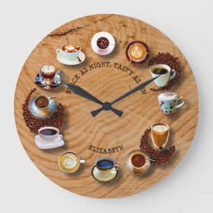 Grande Horloge Ronde Tasses de café noir avec des haricots en tant que