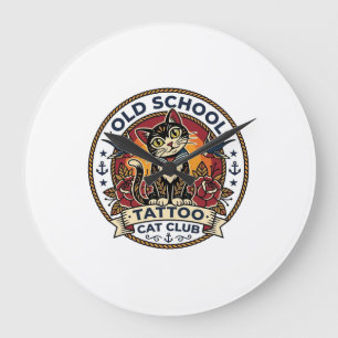 Grande Horloge Ronde Tatouage École Ancienne Chat Mignon Design - École
