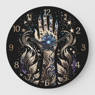Grande Horloge Ronde Tatouage Main Noir Et Or