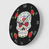 Grande Horloge Ronde Tatouage mexicain Sugar Skull and Red Roses (Angle)