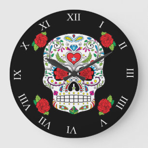 Grande Horloge Ronde Tatouage mexicain Sugar Skull and Red Roses