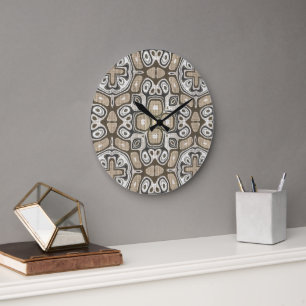 Grande Horloge Ronde Taupe Brown Gris Beige Hip Bohême Art Motif