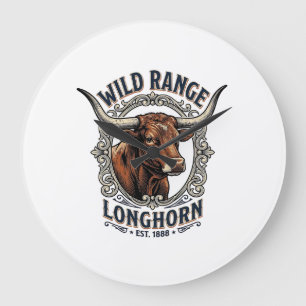 Grande Horloge Ronde Taureau Longhorn Graphique Gravure Vintage Art Occ