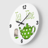 Grande Horloge Ronde Tea Time Cuisine verte et blanche (Angle)
