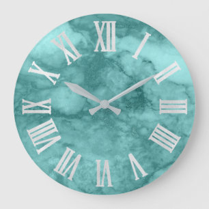 Grande Horloge Ronde Teal Aqua Blue Gray Silver