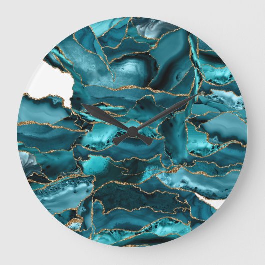 Grande Horloge Ronde Teal Blue et Gold Glitter Agate (Recto)