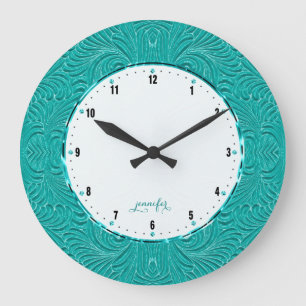 Grande Horloge Ronde Teal Green Embossed Floral