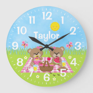 Grande Horloge Ronde Teddy Bear Pique-nique rose