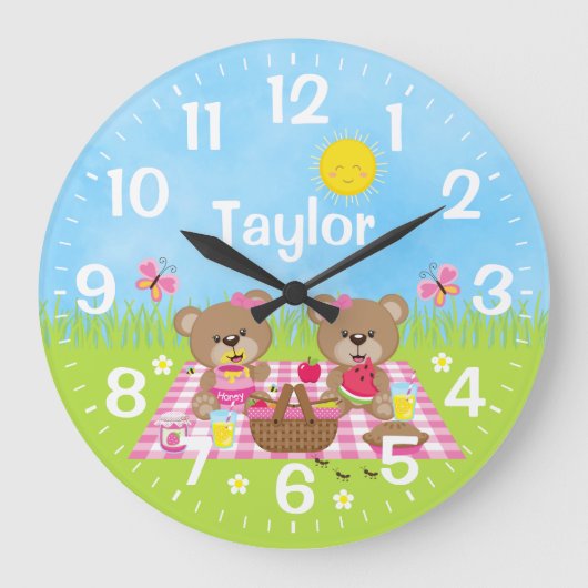 Grande Horloge Ronde Teddy Bear Pique-nique rose (Recto)