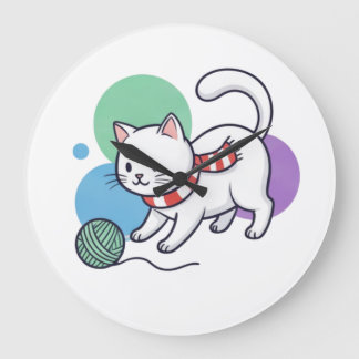 Grande Horloge Ronde Tee-shirt au chat blanc joueur avec de la laine