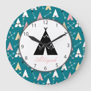 Grande Horloge Ronde Teepees à la mode mignons et nom de manuscrit de