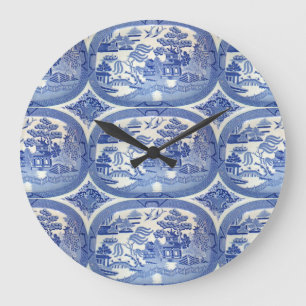 Grande Horloge Ronde Temps bleu de saule - ajoutez la classe vintage à