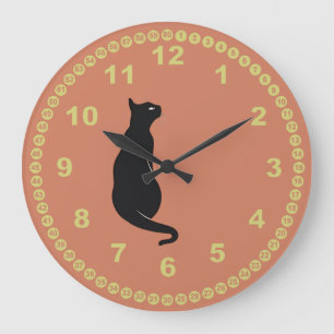 Grande Horloge Ronde Terracotta avec chat noir et visage jaune