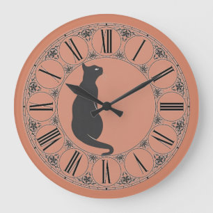 Grande Horloge Ronde Terracotta avec Chat noir et visage numérique roma