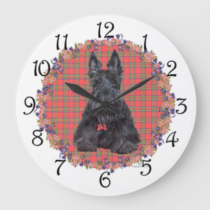 Grande Horloge Ronde Térrier écossais sur tartan