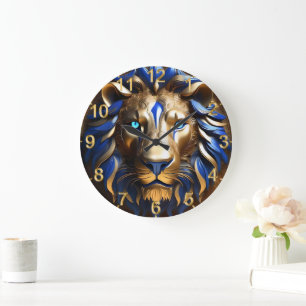 Grande Horloge Ronde Tête de lion bleu et or,