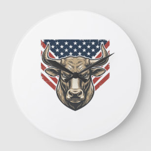 Grande Horloge Ronde Tête de taureau patriotique gravure vintage Art ve