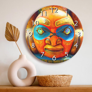 Grande Horloge Ronde Tête en bois sculpté visage photo gras graphique c